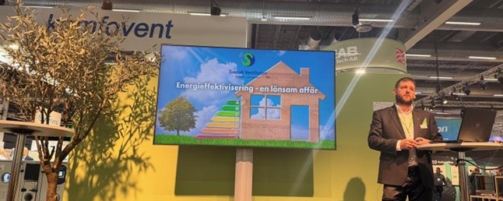 Svensk Ventilations teknik- och miljöchef Andreas Martinsson Björkdal talade på Nordbygg. Foto: Amanda Hardwick