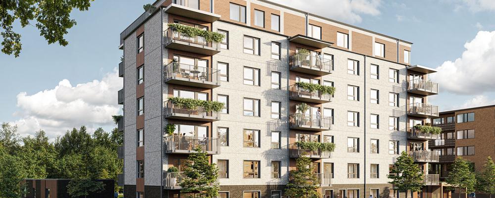 Bonum Brf Lyckø exteriör. Pressbild: Riksbyggen