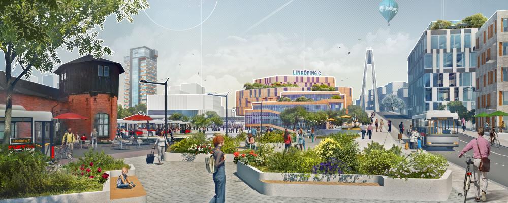 Visionsbild för att illustrera hur S:t Larsgatan ska förlängas och leda fram till Linköpings nya centralstation. Det är långt ifrån klart hur det kommer att se ut, men här visas hur S:t Larsgatan skulle kunna se ut precis innan det södra stationstorget. Till vänster leder stråket fram till huvudentrén och till höger fortsätter stråket norrut över den nya järnvägen. Linköpings innerstad kommer på sikt att växa fram till den nya stationen och vidare norrut. Längst till vänster syns det gamla lokstallet och längre bort sticker Tornet upp.
Bild: Linköpings kommun