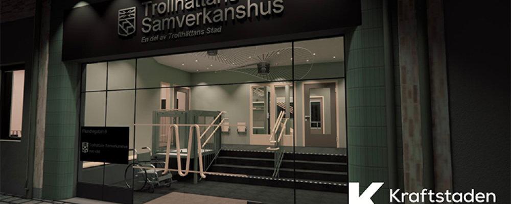 Visionsbild på fastighet med entré. Pressbild: Trollhättans stad - Kraftstaden Fastigheter