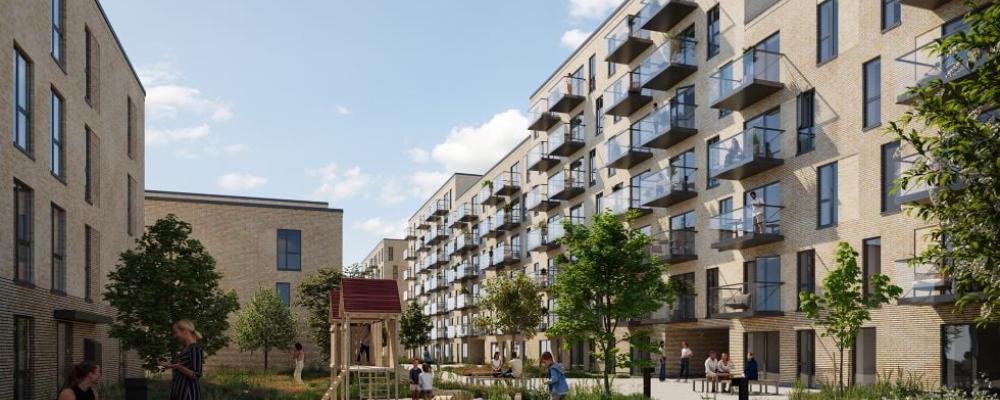 I stadsutvecklingsområdet Kirkebjerg i Glostrup utanför Köpenhamn bygger Catella och Pictet ett nytt bostadsområde med 205 lägenheter där smart teknik ska minska energiförbrukningen och begränsa klimatpåverkan. Projektet omfattar bland annat energieffektiva system, laddinfrastruktur för elbilar, cykellösningar och gemensamma funktioner för de boende. Foto: Catella Group