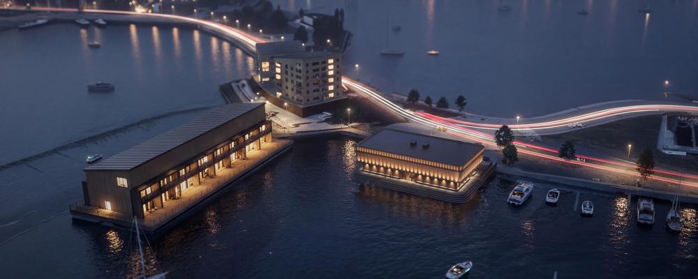 Svenska Musikmuseet, en flytande byggnad i två plan, byggs på Slottsholmen nära Stegeholms slottsruin där anrika Visfestivalen i Västervik arrangeras. Pressbild: OKIDOKI