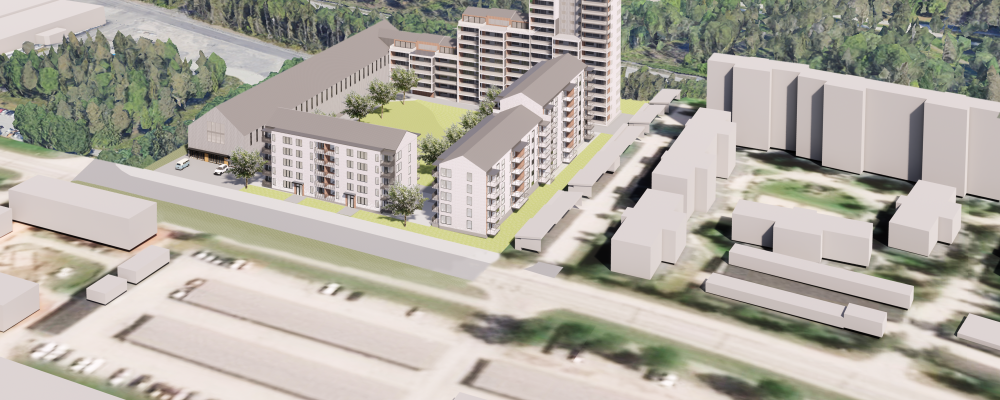 Översiktlig flygvy över föreslagen bebyggelse på Gökungen 2, sett från väster. Illustration: Arkinova.