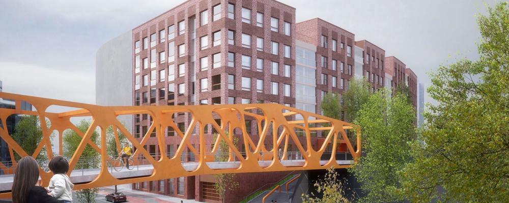 Det cirkulära ekonomikvarteret är ett nytt bostadsprojekt i Busholmen i Helsingfors med fokus på cirkulär ekonomi, återbruk och energieffektivitet. Projektet omfattar både seniorboenden och bostäder för andra målgrupper och väntas stå färdigt 2028. Foto: YIT-Group