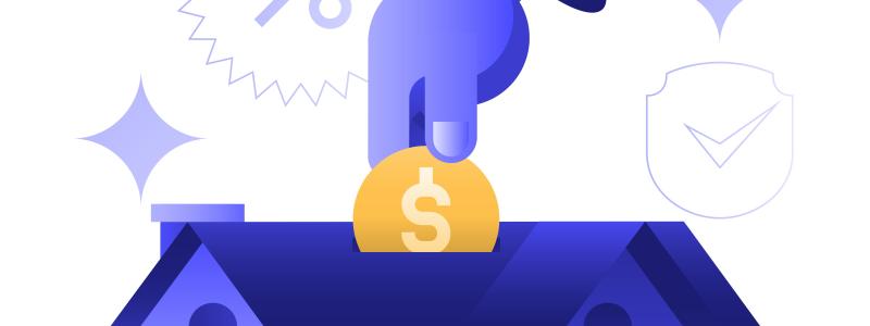 Illustration över ett hus med en jättahand som stopper ner pengar i taket. Bild: https://unsplash.com/illustrations/investing-in-a-house-with-interest-rate-discounts-PUj12qXt6fw?utm_source=unsplash&utm_medium=referral&utm_content=creditShareLink