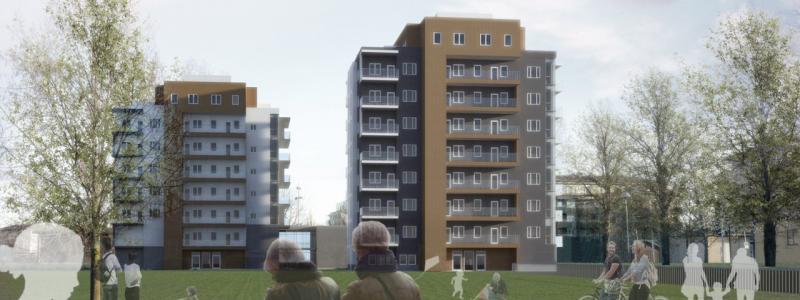 Projektet omfattar ett nytt bostadskvarter i de yttre delarna av centrala Karlstad. Nyproduktionen består av två huskroppar där husen inrymmer bostäder (KBAB) varav det ena huset även inrymmer en ny förskola (Karlstad kommun) som är planerad i två våningar. Bostadshusen är planerade som punkthus i nio respektive tio våningar, med trästomme. Illustration Klara Arkitekter.
