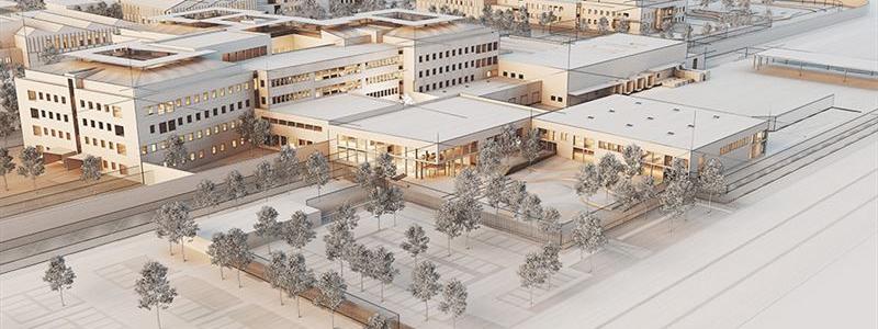 Arkitektbild (Krook & Tjäder) av ny anstalt i Trelleborg