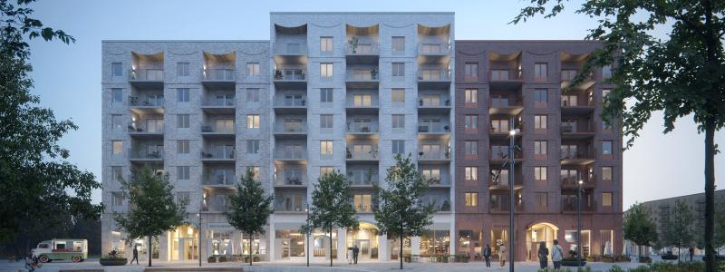 Kvarteret möter Sveatorget med kommersiella lokaler i gatuplan. På Sveatorget får tunnelbanan en ny station 2027 och det är här stadslivet blir som mest livfullt med restauranger, kaféer och annan handel och service. Valven över portarna mot Sveatorget är inspirerade av formen på hangarerna på det gamla flygfältet i Barkarby. Visionsbild: Fojab