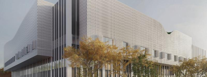 Den nya vårdbyggnaden för framtidens ortopedi vid Hässleholms sjukhus byggs via en samverkansentreprenad mellan Region Skåne och Skanska. Projektet ska stå klart under första halvåret 2028. Bildkälla: Arkitekterna Krook & Tjäder