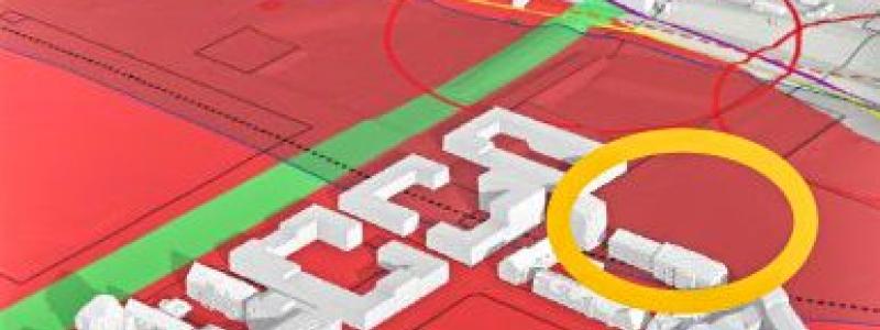 Den gula ringen visar ungefärlig tänkt placering för byggnaden med tandvårdsverksamhet i Kirunas nya centrum. Foto: Region Norrbotten