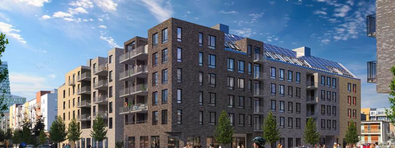 Det nya kvarteret har en markant gestaltad, urban sida mot huvudgatorna som understryker det centrala läget i stadsdelen.
