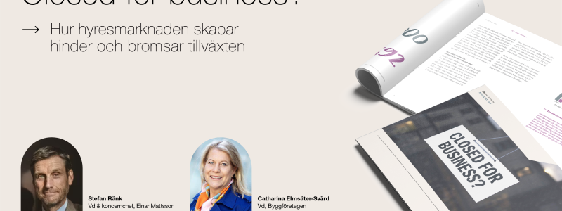 Stefan Ränk och Catharina Elmsäter-Svärd presenterar rapporten "Closed for business- hur hyresmarknaden skapar hinder och bromsar tillväxten". Pressbild: Einar Mattsson / Byggföretagen