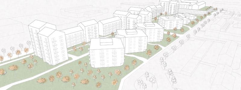Illustrationen visar ett exempel på utformningen där Vita husen konverteras till bostäder samt uppförande av nya bostadshus. Illustration: Nordmark & Nordmark.