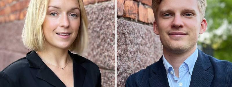 Erika Twengström (till vänster) och Erik Gustafsson (till höger), tilldelas Samhällsbyggarnas pris Bästa examensarbete inom fastighetsekonomi 2022. Foto: Privat