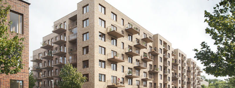 I kvarteret Pilevall i centrala Kävlinge uppförs just nu 124 hyreslägenheter. Pressbild: KKB Fastigheter AB