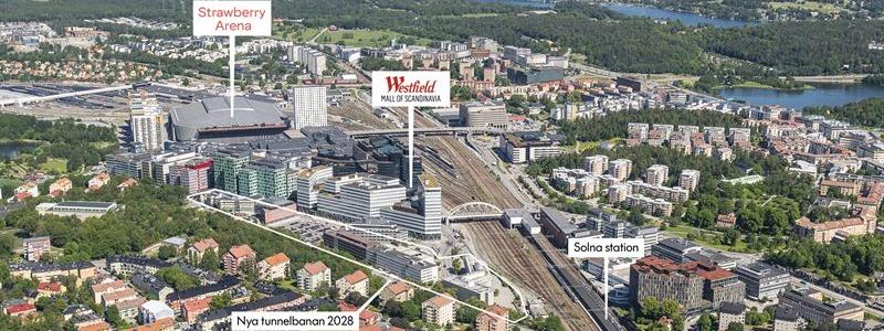 Nu påbörjas en ny satsning i Arenastaden i Solna, där Dalvägen utvecklas till en stadsgata med nya arbetsplatser, bostäder, restauranger, caféer och en ny tunnelbaneuppgång. Pressbild: Fabege