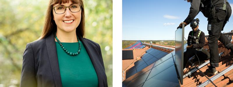 Johanna Bjurskog, hållbarhetschef på Riksbyggen / montering av solceller Foto: Riksbyggen
