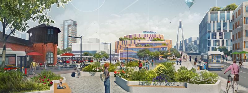 Visionsbild för att illustrera hur S:t Larsgatan ska förlängas och leda fram till Linköpings nya centralstation. Det är långt ifrån klart hur det kommer att se ut, men här visas hur S:t Larsgatan skulle kunna se ut precis innan det södra stationstorget. Till vänster leder stråket fram till huvudentrén och till höger fortsätter stråket norrut över den nya järnvägen. Linköpings innerstad kommer på sikt att växa fram till den nya stationen och vidare norrut. Längst till vänster syns det gamla lokstallet och längre bort sticker Tornet upp.
Bild: Linköpings kommun