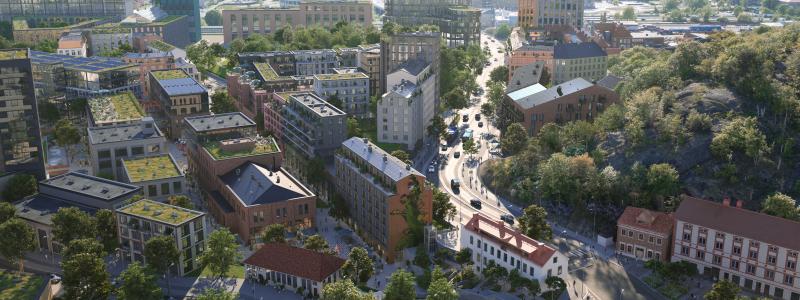 Visionsbild Mölndala Fastighets AB/TMRW: Forsåkers norra del med bruksbyggnaderna, forsen och Kvarnbygatan som omvandlats till ett stadsstråk.