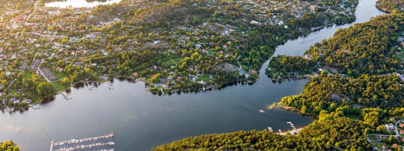 En drönarbild på området, Södra Lännersta i Nacka. Pressbild: Carl Ek Fastigheter