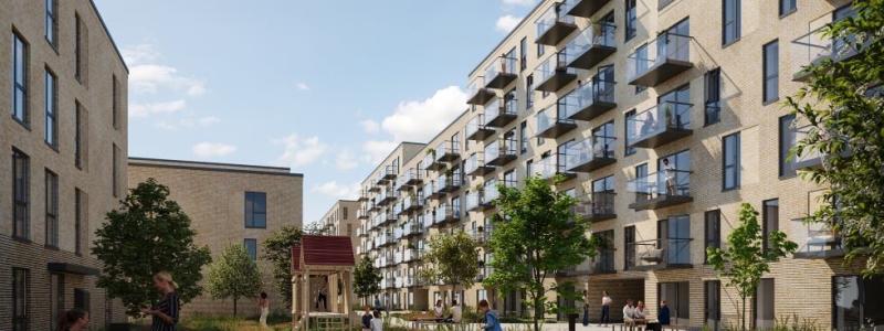 I stadsutvecklingsområdet Kirkebjerg i Glostrup utanför Köpenhamn bygger Catella och Pictet ett nytt bostadsområde med 205 lägenheter där smart teknik ska minska energiförbrukningen och begränsa klimatpåverkan. Projektet omfattar bland annat energieffektiva system, laddinfrastruktur för elbilar, cykellösningar och gemensamma funktioner för de boende. Foto: Catella Group