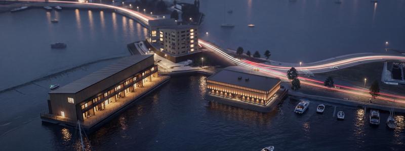 Svenska Musikmuseet, en flytande byggnad i två plan, byggs på Slottsholmen nära Stegeholms slottsruin där anrika Visfestivalen i Västervik arrangeras. Pressbild: OKIDOKI