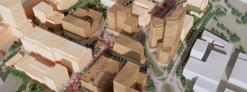 Science Village sett från söder. Husen som ingår i planförslaget i mörkare färger. 
Illustration: Fojab