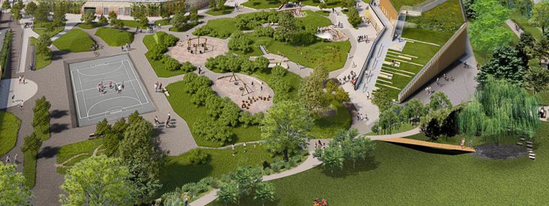 Skiss på stadsdelspark med skyfallsdamm i anslutning till nya Kronetorpskolan. Illustration Berg &Dahl.