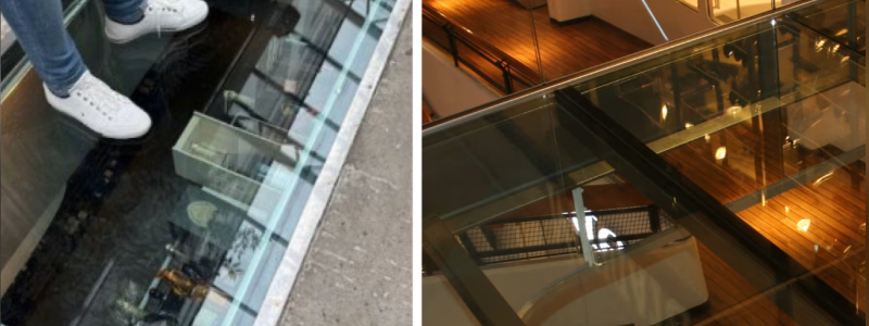 Exempel på glasgolv från Ryds Glas på restaurang och köpcentrum. Foto: Ryds Glas