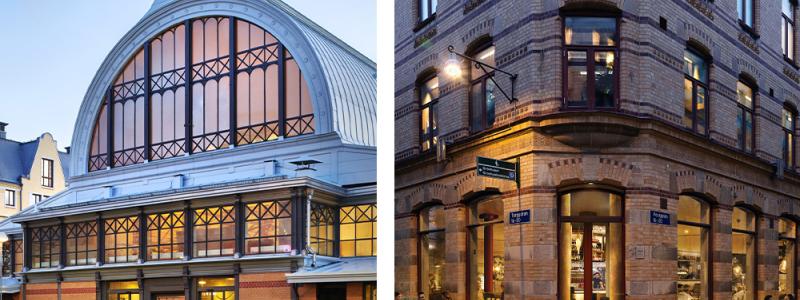 Stora Saluhallen till vänster och Postgatan 16 i Västra Nordstan till höger, som bland annat huserar restaurangen Gurras. Foto: Higab