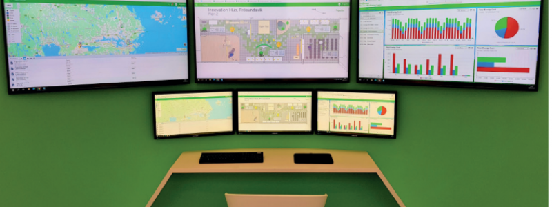 Så här kan ett typiskt kontrollrum med EcoStruxure se ut. Skärmarna 1 och 2 visar Building Operation medan skärm 3 visar Power Monitoring Expert.