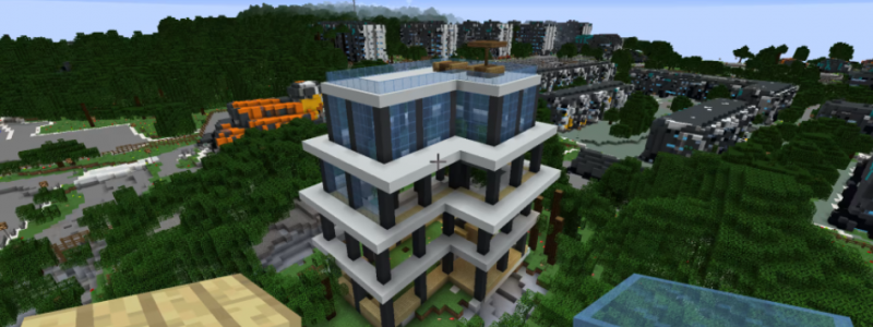 Ett flyktingboende med växthus är ett av de förslag som elever vid Lärjeskolan skapat i Minecraft. Foto: Göteborgs stad