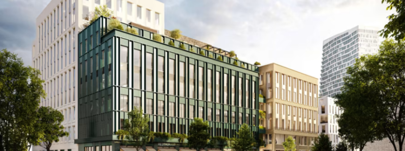 Utöver att uppfylla Wihlborgs ambitiösa hållbarhetsprogram trippelcertifieras den nya byggnaden enligt Miljöbyggnad, WELL och den nya svenska certifieringen NollCO2. Bild och arkitektur: Krook & Tjäder