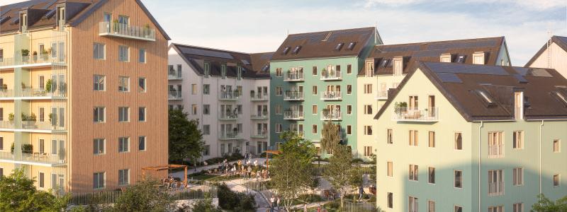 De första bostadskvarteren i Sickla får fasader med infärgat, värmebehandlat trä. Visionsbild: Atrium Ljungberg/White Arkitekter
