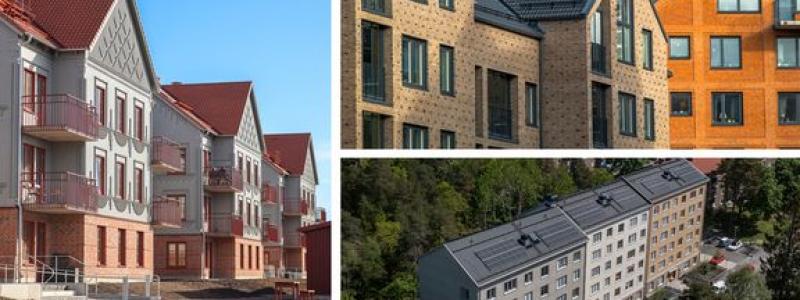 Byggprojekten som går till final i Årets bästa nyproduktion 2022: Halmstads Fastighets AB (Lyngåkra - till vänster i bild), Ängelholmshem (Saftstationen, överst till höger) och Stockholmshem (Rågsved, nederst till höger). Foto: Sveriges Allmännytta