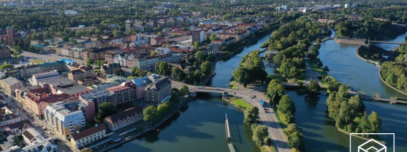 Flygbild över Trollhättans fallområden. Foto: Eidar