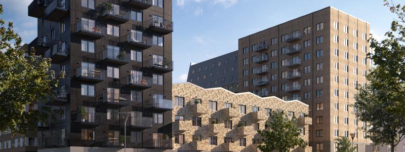 En vy av Kompositören, bestående av tre huskroppar med varierad arkitektur och materialval. Foto: Wallenstam