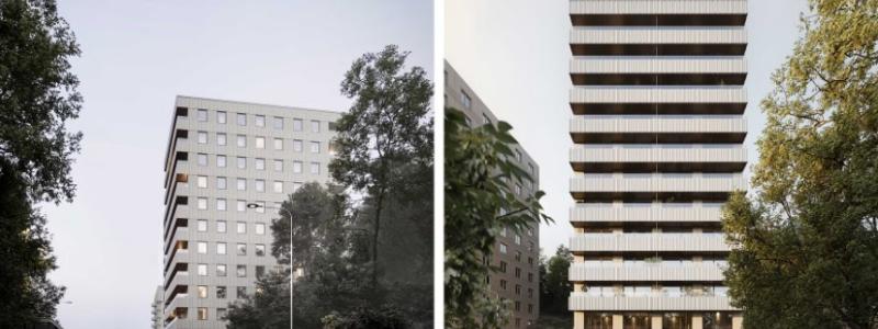 Till vänster visas byggnaden med den västra fasaden i fokus, delvis integrerad i bergsslänten. Till höger syns byggnaden framifrån, sett från Mariedal och Karlbergssjön. Foto: Wallin