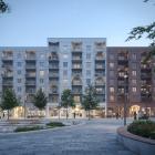 Kvarteret möter Sveatorget med kommersiella lokaler i gatuplan. På Sveatorget får tunnelbanan en ny station 2027 och det är här stadslivet blir som mest livfullt med restauranger, kaféer och annan handel och service. Valven över portarna mot Sveatorget är inspirerade av formen på hangarerna på det gamla flygfältet i Barkarby. Visionsbild: Fojab