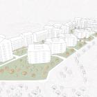 Illustrationen visar ett exempel på utformningen där Vita husen konverteras till bostäder samt uppförande av nya bostadshus. Illustration: Nordmark & Nordmark.