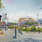 Visionsbild för att illustrera hur S:t Larsgatan ska förlängas och leda fram till Linköpings nya centralstation. Det är långt ifrån klart hur det kommer att se ut, men här visas hur S:t Larsgatan skulle kunna se ut precis innan det södra stationstorget. Till vänster leder stråket fram till huvudentrén och till höger fortsätter stråket norrut över den nya järnvägen. Linköpings innerstad kommer på sikt att växa fram till den nya stationen och vidare norrut. Längst till vänster syns det gamla lokstallet och längre bort sticker Tornet upp.
Bild: Linköpings kommun