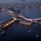 Svenska Musikmuseet, en flytande byggnad i två plan, byggs på Slottsholmen nära Stegeholms slottsruin där anrika Visfestivalen i Västervik arrangeras. Pressbild: OKIDOKI