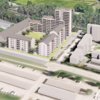 Översiktlig flygvy över föreslagen bebyggelse på Gökungen 2, sett från väster. Illustration: Arkinova.