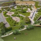 Skiss på stadsdelspark med skyfallsdamm i anslutning till nya Kronetorpskolan. Illustration Berg &Dahl.