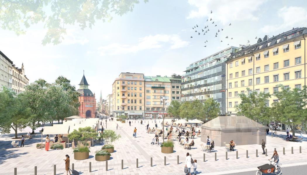 Visionsbild Östermalmstorg, vy från Sibyllegatan. Illustration: Karavan