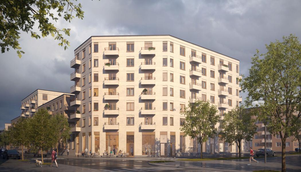 Selvaags kvarter med Pluss-bostäder sett från Majorstorget. Här är kvarteret som högst med sju våningar. I väster möter tre punkthus om fyra plan den redan befintliga bebyggelsen i Barkarbystaden. Innergården är stor och ger utrymme för både samvaro, avskildhet och lek med inslag som planteringar, växthus, odlingsbäddar och lekplatser. Samtidigt är innergården en del av dagvattenlösningen med regnbäddar och ränndalar. Visionsbild: Pörner och Pettersson AB för Selvag Bostad.