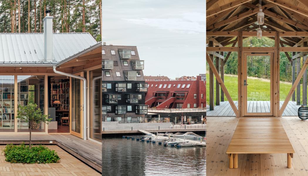 De nominerade bidragen Library House, Kilströms kaj och Höghult. Foto: Svenskt trä