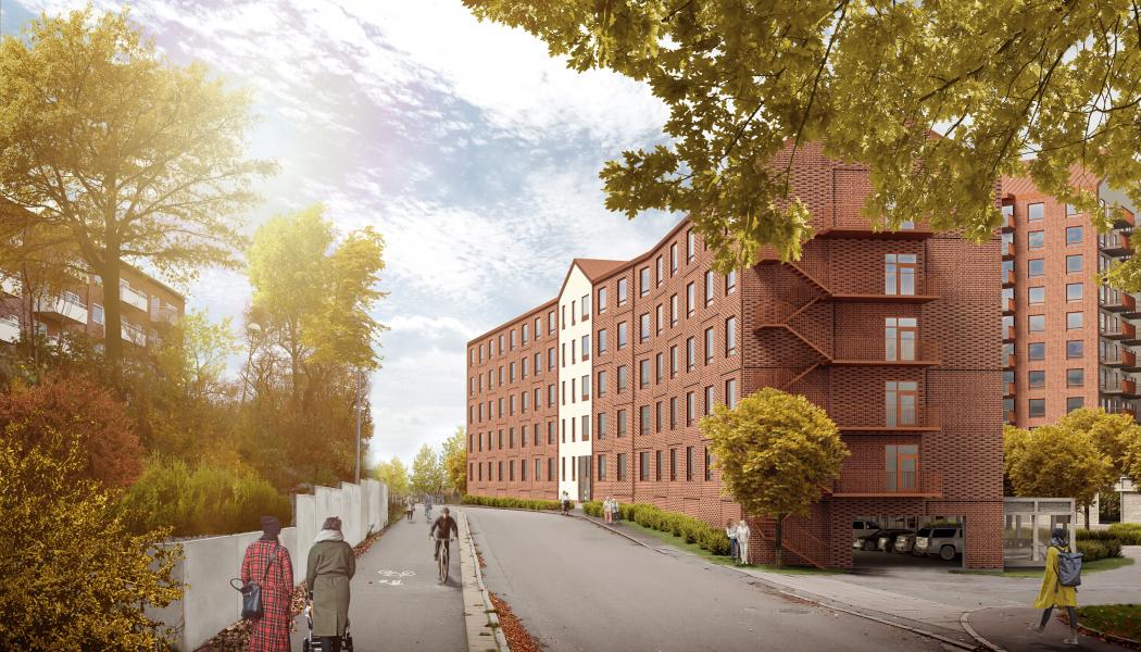 På bilden syns punkthuset med 101 hyresrättslägenheter om 12 våningar med ytterligare 100 äldreboendeplatser. Visionsskiss: Odalen Fastigheter 