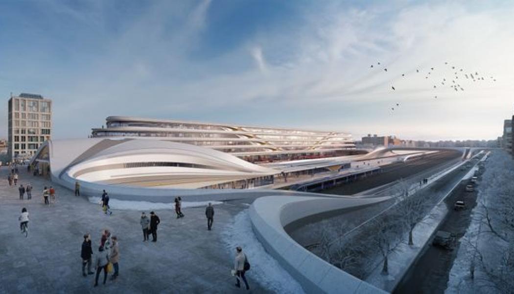 Visionsbild av det framtida stationsområdet i Upplands Väsby. Illustration: Zaha Hadid Architects