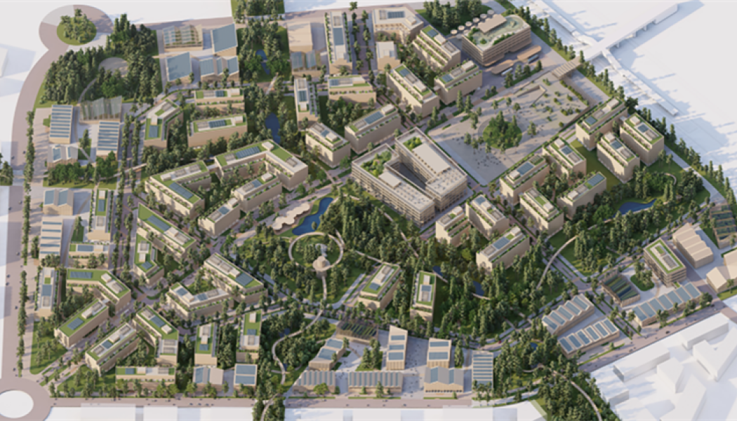 Skiss Skavsta Forest City: låga träbyggnader med skog runtomkring sett uppifrån. Bild: Explore Skavsta